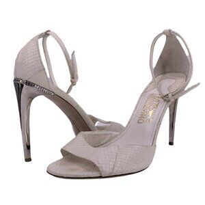 SALVATORE FERRAGAMO White Snakeskin Ankle Strap Silver Stiletto Heels Size 9 B